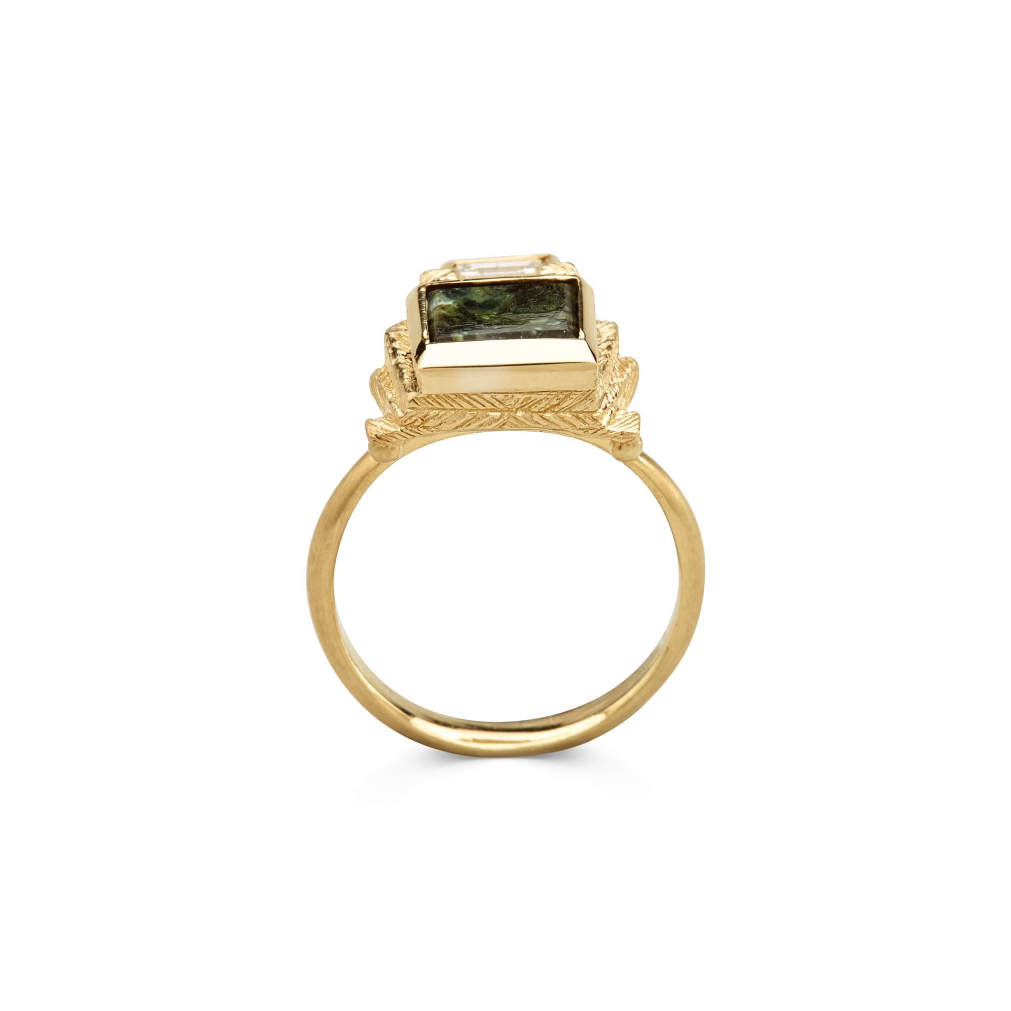Product Photography Jewellery | Melbourne Photography | Close up of gold and dark emerald ring on white background